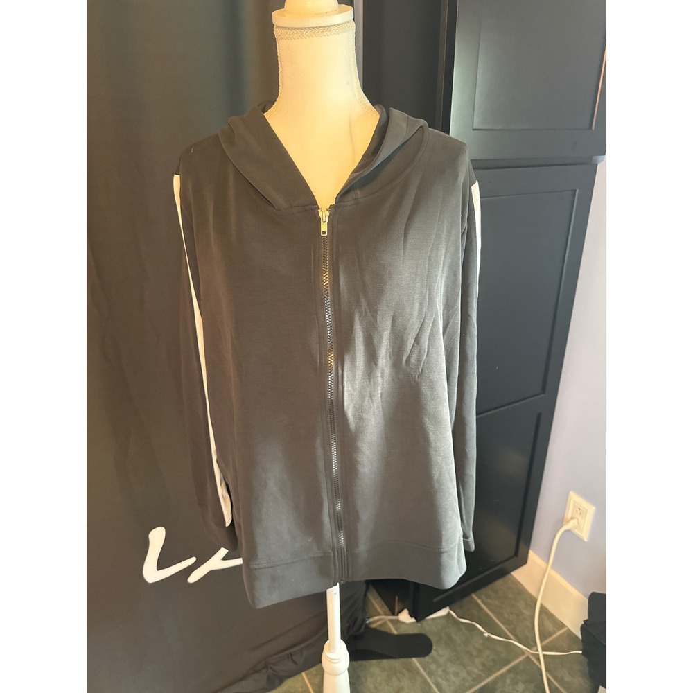 YUMMY Sandwashed Modal Sport Full Zip Hoodie Black White Stripe NZ1Y157W 3X
